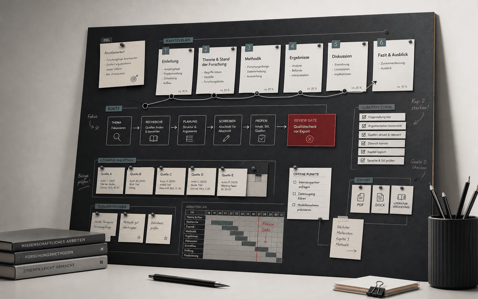 Projektboard für eine Abschlussarbeit mit Stationen zu Thema, Quellen und Kapitelstruktur