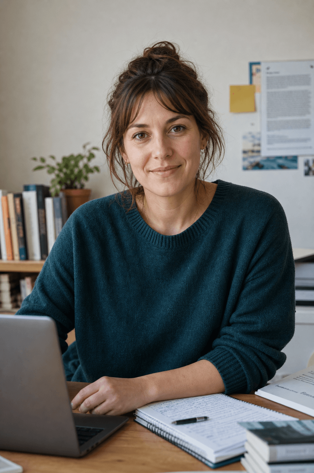 Sophie Kramer an ihrem Schreibtisch mit Notizen und Laptop