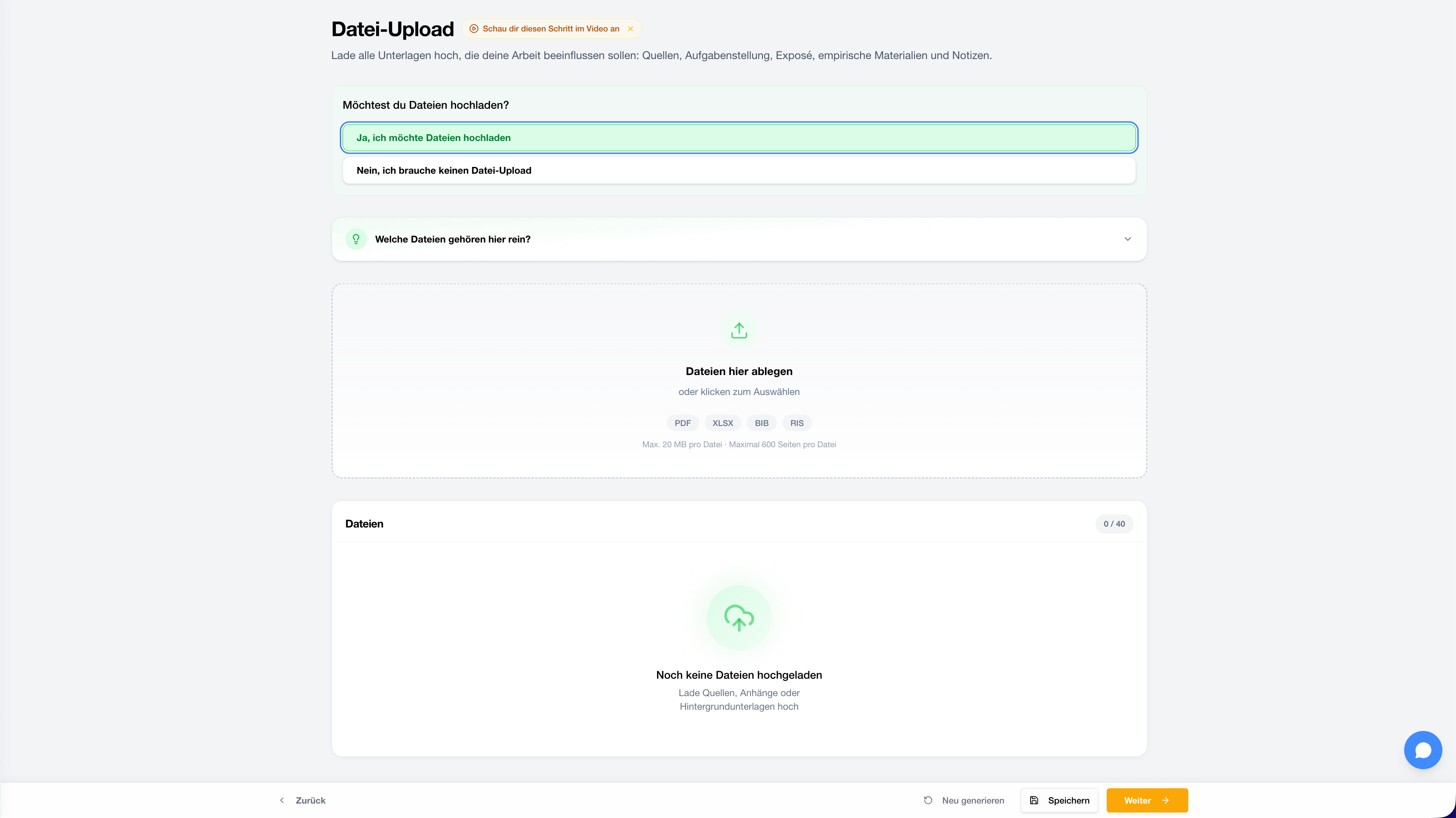 StudyTexter Uploadbereich für Quellen, Vorgaben und eigenes Material