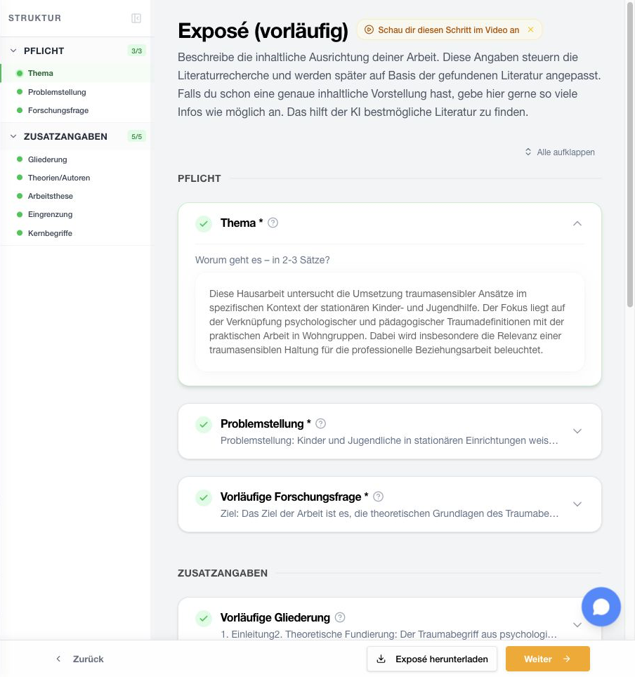 StudyTexter Ansicht für ein vorläufiges Exposé mit Forschungsfrage und Struktur