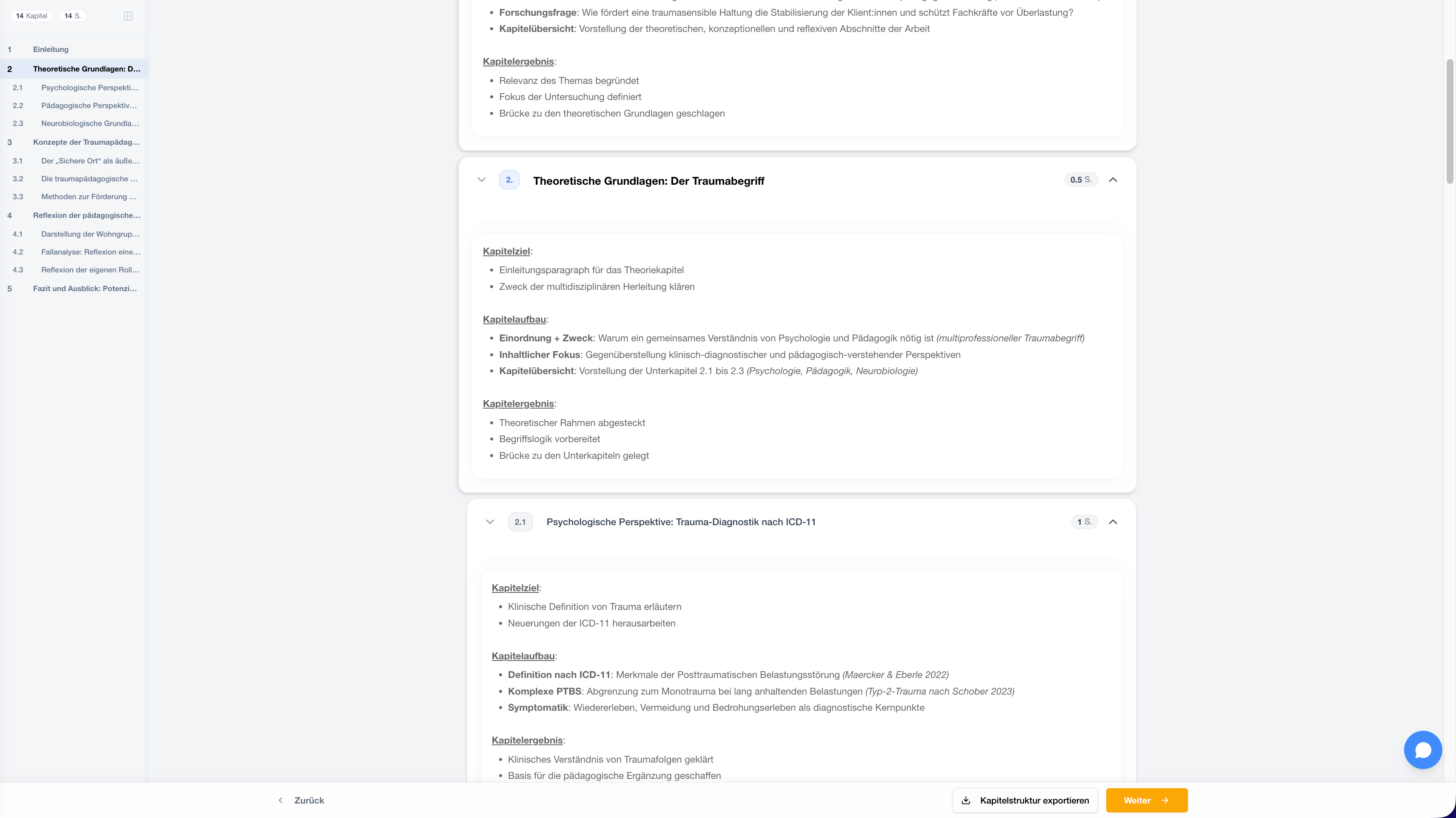 StudyTexter Kapitelstruktur mit Kapitelaufgaben, Umfang und Quellenbezug